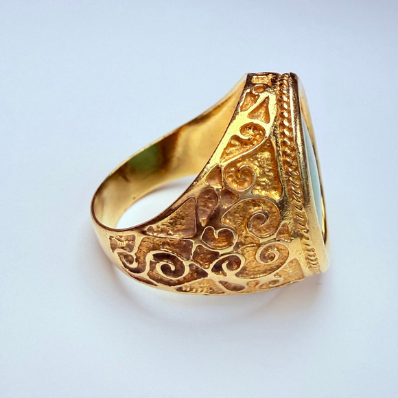 Estate 18K Solid Yellow Gold Mens Natural Jade Signet VTG Antique Scroll Ring - Picture 4 of 12